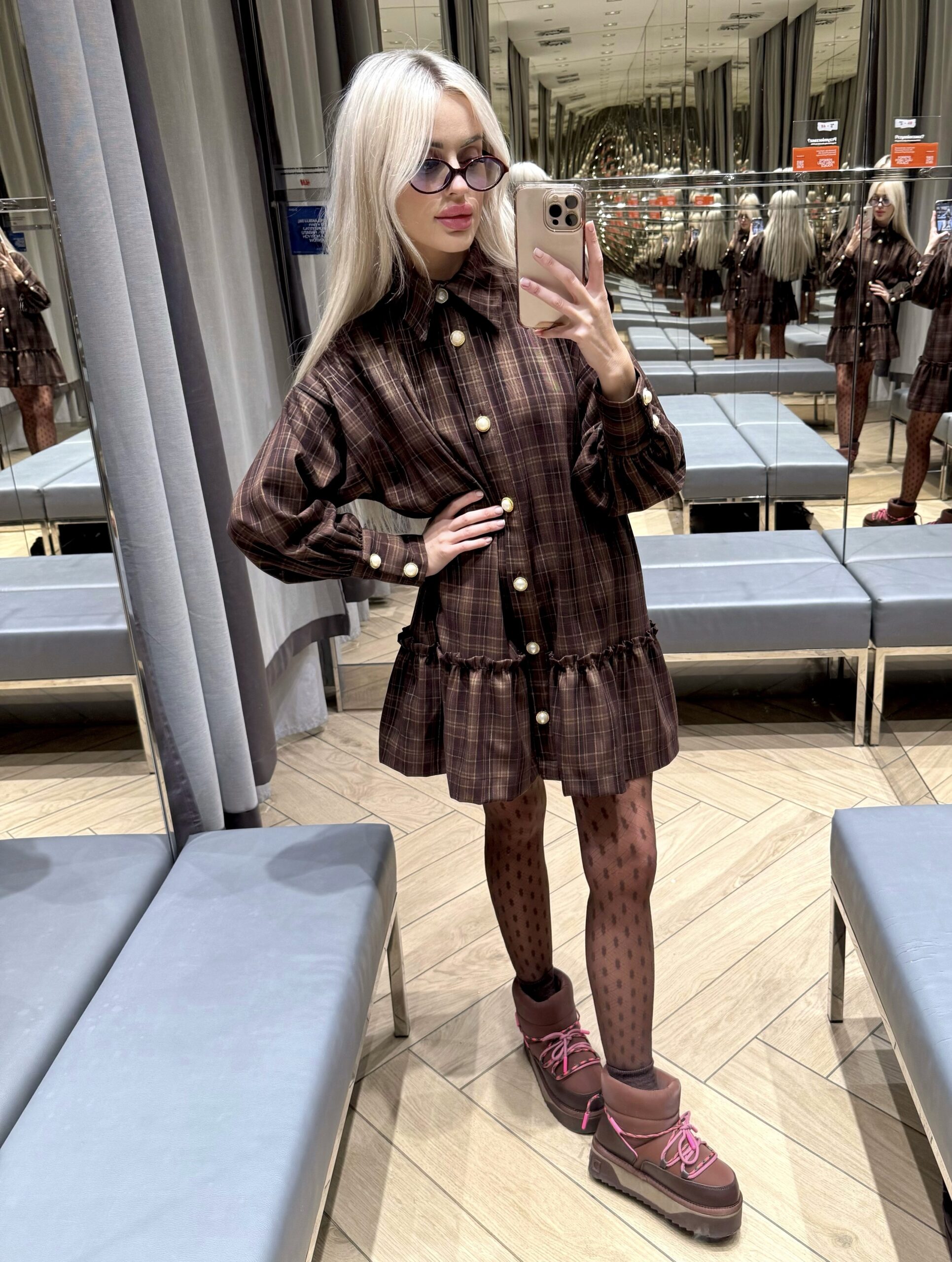 brown check dress